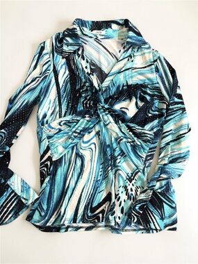 Vintage Cache Y2K Aqua Abstract Swirl Sequin Twist Wrap Top S